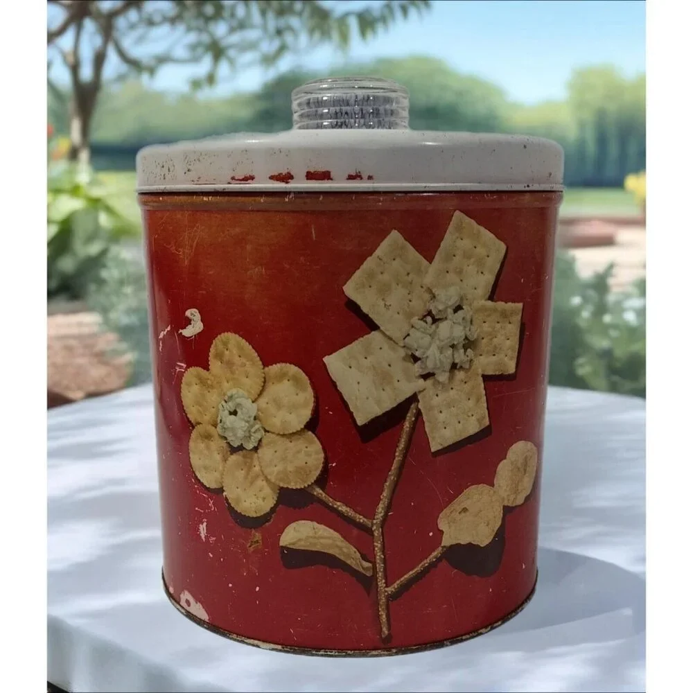Saltine Cracker Pretzel Cookie Tin Blue Magic DRI NOB Krispy Kan Lid Red - Picture 1 of 8
